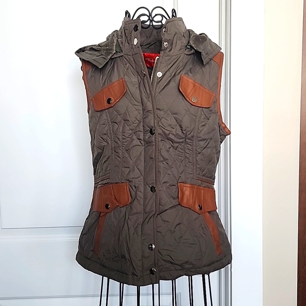 Quilted vest with faux leather trim. Size small. Gray-green color.